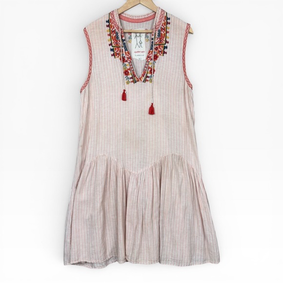 Johnny Was Dresses & Skirts - Johnny Was Pete & Greta Dress Large Pink Embroidered Striped Linen Cotton FLAW
